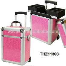 New design professional aluminum cosmetic rolling case with 2 trays inside from China manufacturer